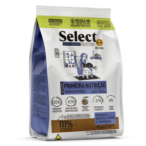 Ração Seca Select By Monello Frango, Batata e Banana - Cães Filhotes Raças Médias e Grandes - Primeira Nutrição - 7kg
