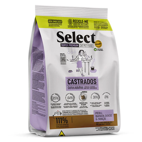 Ração Seca Select By Monello Peru, Batata Doce e Maçã - Para Gatos Adultos - Castrados - 7 kg