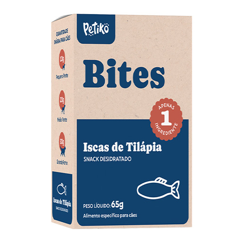 Petisco Natural Desidratado Bites sabor Iscas de Tilápia - Para Cães - 65g - Petiko