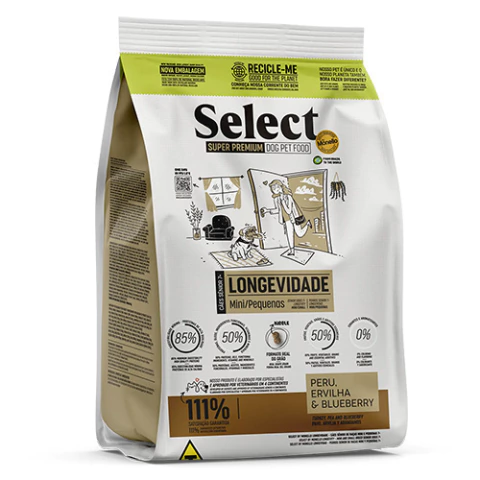Ração Seca Select By Monello Peru, Ervilha e Blueberry - Cães Sênior Raças Minis e Pequenas 7+ - Longevidade - 2kg