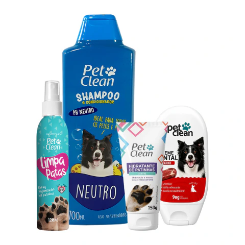 Kit Limpeza - Shampoo e Condicionador, Hidratante de Patinhas, Limpa Patas e Creme Dental - Para Cães - Pet Clean