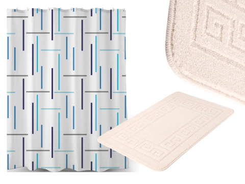 CORTINA DE BAÑO "LÍNEAS" Y ALFOMBRA MARFIL