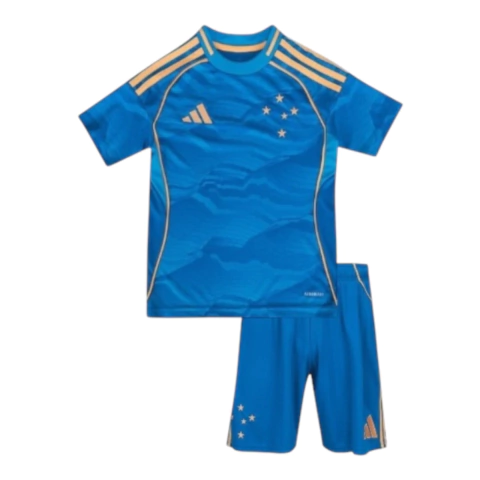 Kit Infantil Cruzeiro III 25/26 Adidas, Camisa e Short Cruzeiro Infantil Azul e Dourado, Uniforme Cruzeiro Criança 2025, Conjunto Linha Premium Cruzeiro Infantil, Kit Cruzeiro 3º Uniforme 25/26.