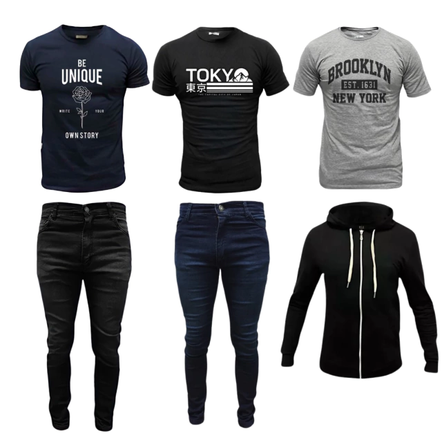 Combo #115: 3 Remeras Estampadas + 2 Jeans (Negro + Azul) + 1 Campera