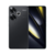 Smartphone Xiaomi POCO F6 5G na cor preta mostrando a traseira com câmera dupla e a tela frontal ligada