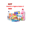 Kit de limpeza e higiene básico com 15 itens variados, incluindo detergentes, sabão em pó e produtos de higiene pessoal.