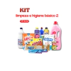 Kit de limpeza e higiene básico com 15 itens variados, incluindo detergentes, sabão em pó e produtos de higiene pessoal.