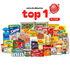 Cesta de alimentos com 49 itens diversificados essenciais.