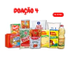 Kit doação 4 com 10 itens alimentares, incluindo biscoitos, molho de tomate, polenta e óleo.