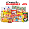 Cesta básica Kit Alimentos Felicidade 2 com 17 itens, incluindo óleos, biscoitos, farinhas e café, ideal para a sua despensa.