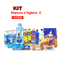 Kit de limpeza e higiene 2 com 14 produtos variados, incluindo itens essenciais como detergente, creme dental, desinfetante e papel higiênico