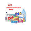 Kit de limpeza essencial 2 com 15 itens, incluindo detergentes, sabão em pó e produtos de higiene.