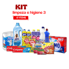 Kit de limpeza e higiene 3 com 17 itens diversos, incluindo detergentes, desinfetantes e produtos para cuidados pessoais.