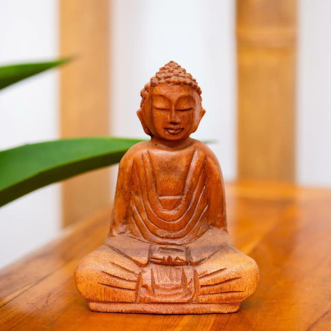 Escultura Buda Sidarta de Madeira 17cm (Mudra Meditação)