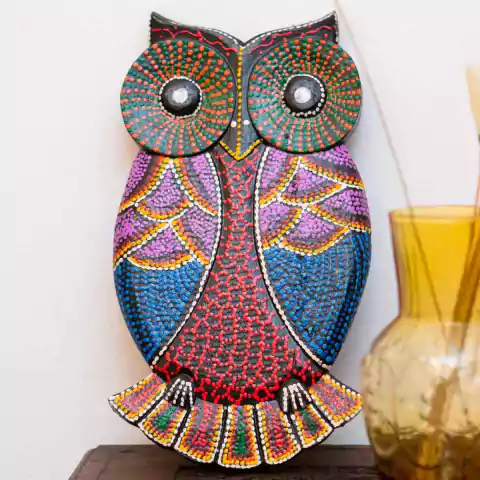 Coruja Decorativa Pintura Dots de Madeira Balsa Importada de Bali