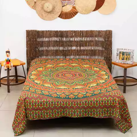 Colcha Indiana Casal Mandala 100% Algodão Verde & Cores