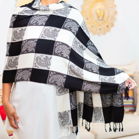 Echarpe Arabesco 100% Viscose 70cmx200cm (Preto & Branco)