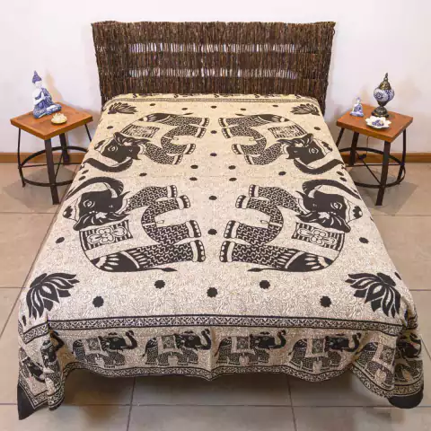 Colcha Indiana Elefantes 100% Algodão Preto & Bege