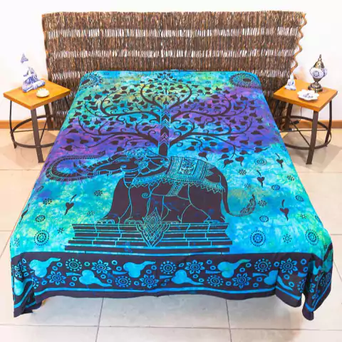 Colcha Indiana Elefante & Árvore da Vida 100% Algodão Preto & Azul