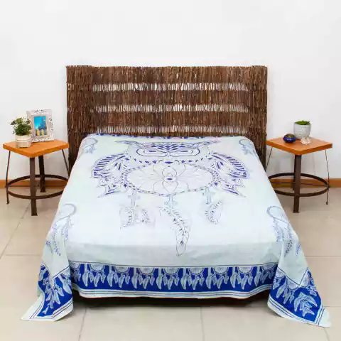 Colcha Indiana Casal Coruja Filtro dos Sonhos 100% Algodão Azul & Branco