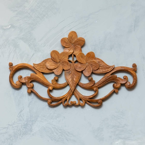 Entalhe de Madeira Suar Flores Importada de Bali 37cm