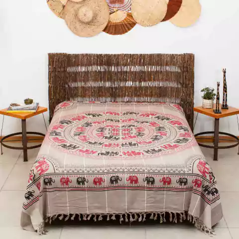 Colcha Indiana com Franjas Casal Mandala Elefantes 100% Algodão Marrom & Cores