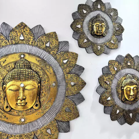 Mandala Buda de Madeira Balsa Ouro Velho & Espelhos