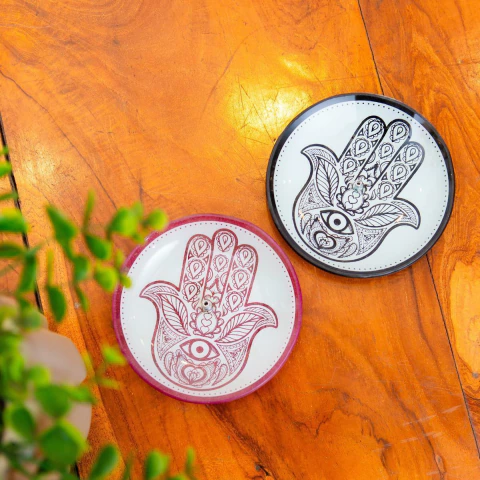 Incensário Redondo de Vidro Mão de Hamsá 13cm