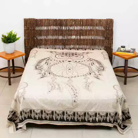 Colcha Indiana Casal Coruja Filtro dos Sonhos 100% Algodão Marfim & Preto