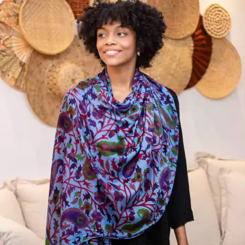 Echarpe Floral 100% Viscose Azul 70cmx180cm