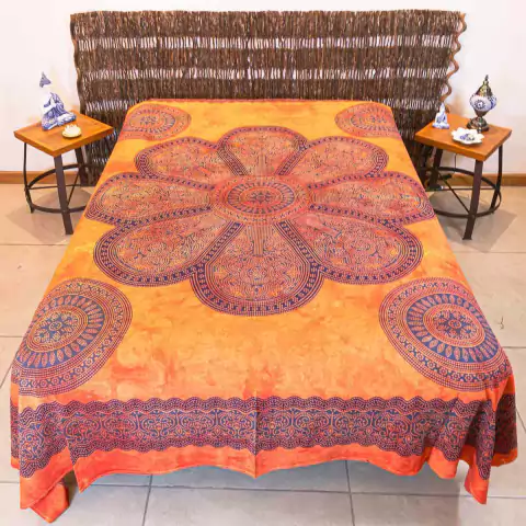Colcha Indiana Mandala 100% Algodão Laranja & Azul