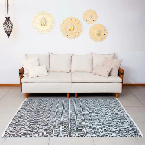 Tapete Kilim Anand 100% Algodão Preto & Off White Importado da Índia