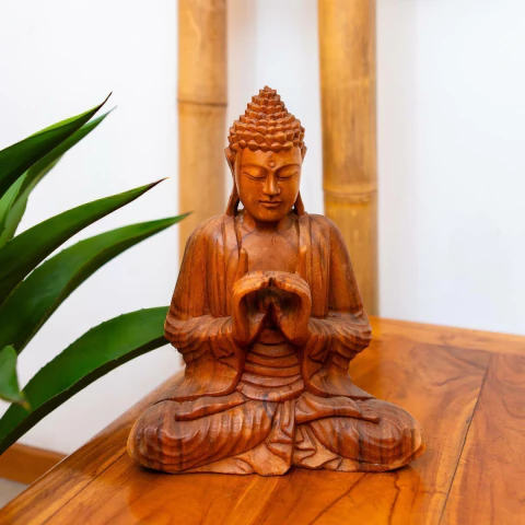 Escultura Buda Sidarta de Madeira 35cm (Mudra Equilíbrio)