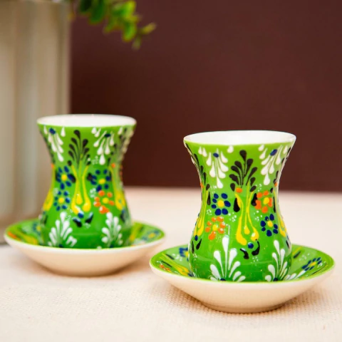 Dupla de Copos de Chá Pintados à Mão Importados da Turquia (Verde)