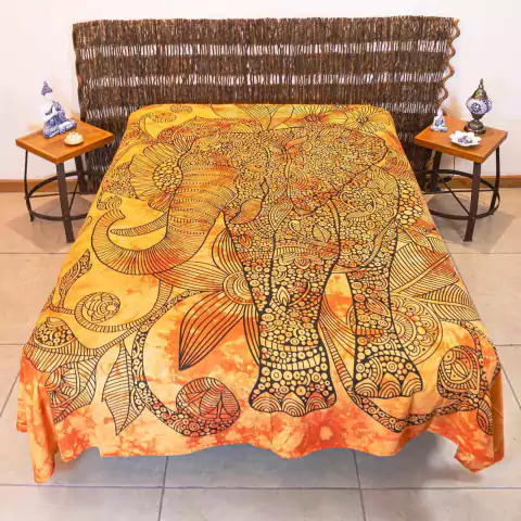 Colcha Indiana Elefante Tie Dye 100% Algodão Preto & Laranja