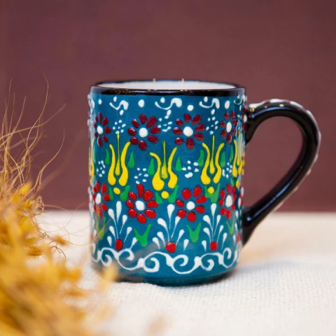 Caneca Pintada à Mão Importada da Turquia (Azul Petróleo)