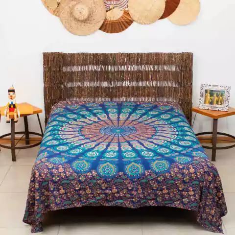 Colcha Indiana Mandala Casal 100% Algodão Azul Escuro