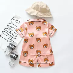Conjunto de pijama cetim de seda gelo infantil, top e calça, ursinho desenho animado, bebê menina, primavera, verão - loja online