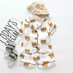 Conjunto de pijama cetim de seda gelo infantil, top e calça, ursinho desenho animado, bebê menina, primavera, verão na internet