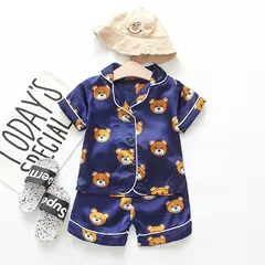 Conjunto de pijama cetim de seda gelo infantil, top e calça, ursinho desenho animado, bebê menina, primavera, verão