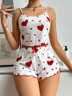 Conjunto de pijama macio feminino, tops curtos e shorts, ventilação branca, impressão de amor, pijamas casuais, 2 peças, S, M, L - loja online