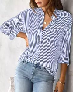 Camisa de manga comprida listrada para mulheres, blusa casual com botão, camisa básica diária, sem bolsos, estampa clássica, tops de outono e inverno, 2024