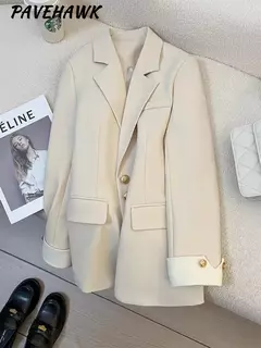 Blazers de peito único para mulheres, blazer entalhado, jaquetas femininas, roupas casuais, manga comprida, chique, monocromático, escritório, outono e inverno - Wolf Magazine