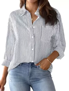 Imagem do Blusa de manga longa feminina, camisa listrada rosa, estampa clássica, botão, casual, sem bolsos, camisa básica diária, tops de outono e inverno, 2021