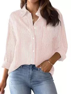Blusa de manga longa feminina, camisa listrada rosa, estampa clássica, botão, casual, sem bolsos, camisa básica diária, tops de outono e inverno, 2021 na internet