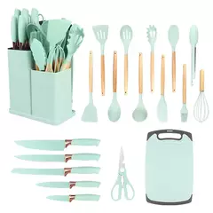 Kit Completo Jogo Utensílios C/19 Peças de Cozinha Com Tábua em Silicone Espátula Faca Tesoura na internet