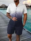Shorts e camisa de botão masculino, impressão gradiente, terno de lapela flip com duas peças, moda casual, bom para homens, verão