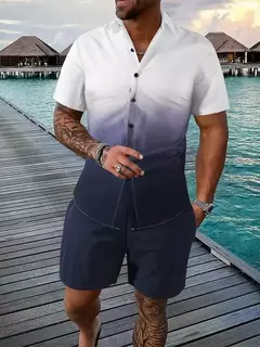 Shorts e camisa de botão masculino, impressão gradiente, terno de lapela flip com duas peças, moda casual, bom para homens, verão