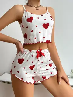 Imagem do Conjunto de pijama macio feminino, tops curtos e shorts, ventilação branca, impressão de amor, pijamas casuais, 2 peças, S, M, L