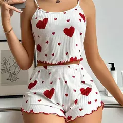 Conjunto de pijama macio feminino, tops curtos e shorts, ventilação branca, impressão de amor, pijamas casuais, 2 peças, S, M, L na internet
